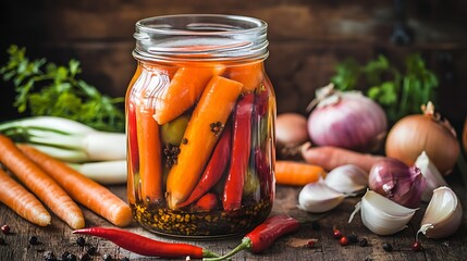 Pickled Vegetables with Spices in Jar Surrounded by Fresh Ingredients