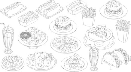 Minimalist vector outline of American food for design projects, vector