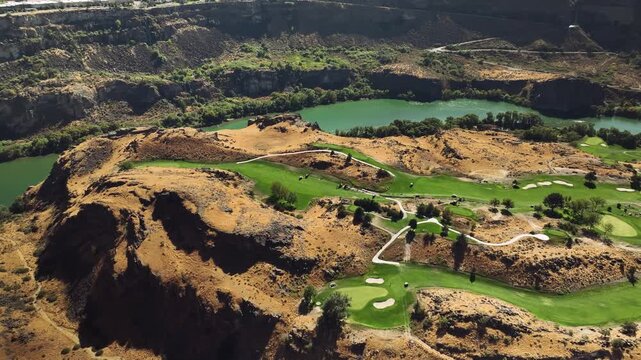 Aerial drone view of Snake River Canyon with Perrine Bridge, Twin Falls Idaho USA