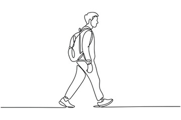 Single line drawing of a young man walking with a backpack