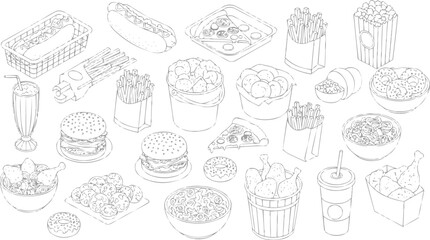Clean outline vector illustration of American food icons, vector