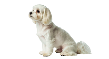 Maltese dog full body side view on white: small toy breed.