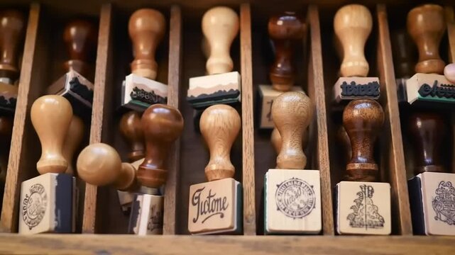 Wooden stamps in a wooden box