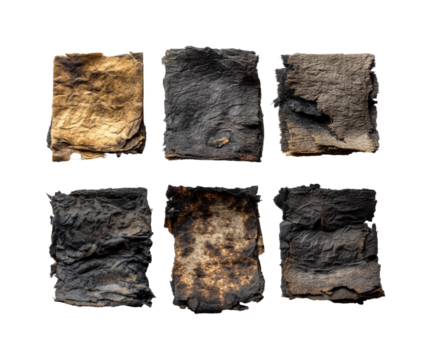 Historical fire-damaged manuscripts museum exhibition preservation, isolated on transparent background, png