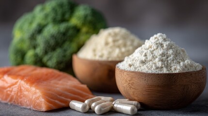 Natural sources of vitamins featuring fresh salmon, broccoli, protein powder, and dietary supplements on a grey surface