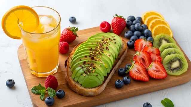 Healthy avocado toast with fresh fruits and orange juice on a wooden board - Powered by Adobe