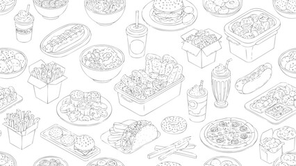 Line drawing vector of popular American cuisine dishes, vector
