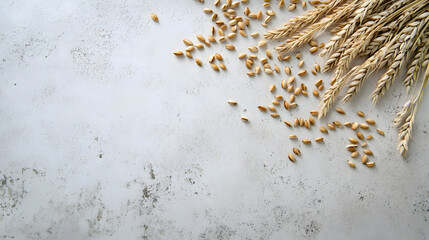 Fototapeta premium Golden brown barley grains scattered on a smooth white surface, highlighting their natural texture and earthy appeal.