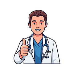 Fototapeta premium A friendly cartoon doctor in a white coat with a stethoscope gives a thumbs up, , representing healthcare, medicine, and positive patient care in a modern flat design