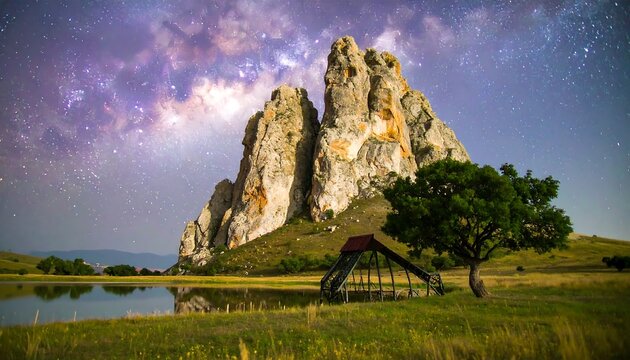 Night Sky over Rock Formation and Lake - Powered by Adobe