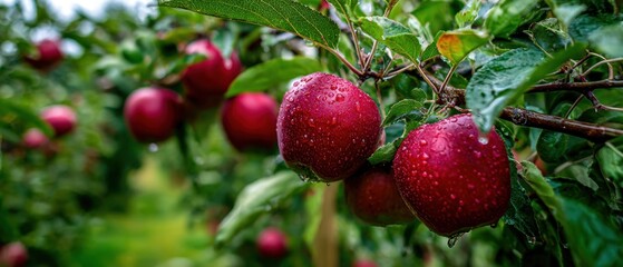 The ripe red apples glistening with raindrops in a lush orchard close up