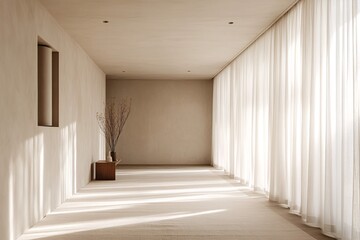 Empty hallway with light streaming in through curtains and a window.