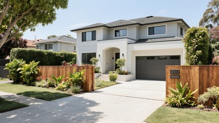 Obraz premium Modern White Two-story House with Gray Garage and Well-maintained Garden