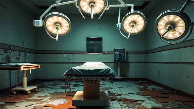 Creepy abandoned hospital operating room with surgical table under glowing lamps decayed walls broken tiles and eerie atmosphere of neglect