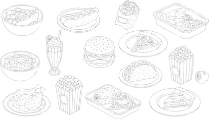 American food icons in simple outline vector format, vector