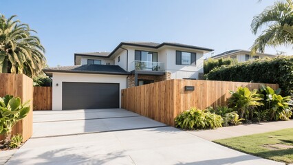 Fototapeta premium Modern Two Story House with White Exterior and Wooden Fence in Sunny Neighborhood