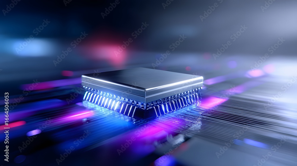 Aufkleber advanced microchip on a futuristic circuit board with neon lighting