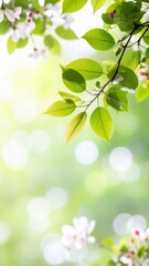 Obraz premium A serene view of fresh green leaves with delicate flowers, bathed in soft sunlight