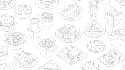 Hand-drawn outline vector of American meals and snacks, vector