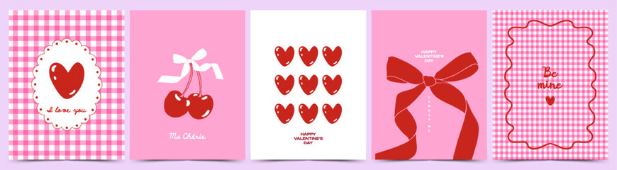 Creative concept of Valentines Day card set with hearts, cherry, bows Design template for celebration, poster, banner, ads, branding, cover, label, sale