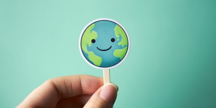 The Earth Paper Cutout On Stick Held By Hand Against Teal Background