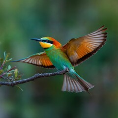 European bee-eater bird with outstretched wings on a branch, bright, detailed feathers against a soft green background