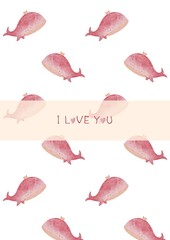 Postcard with cute watercolor pink whale, Love card, Valentine illustration, Love poster	