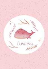 Postcard with cute watercolor pink whale, Love card, Valentine illustration, Love poster	
