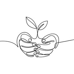 Hands gently holding a growing plant in continuous line art