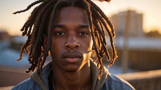 Young man with dreadlocks standing outdoors at sunset in urban city environment with soft natural light highlighting his features