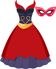 Elegant masquerade ball gown with mask isolated on white background
