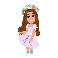 Smiling girl wearing flower wreath and purple dress