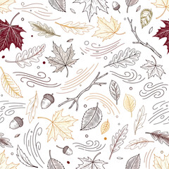 Seamless Pattern, Autumn leaves and acorns seamless pattern with hand drawn design elements Stock royalty free image.
