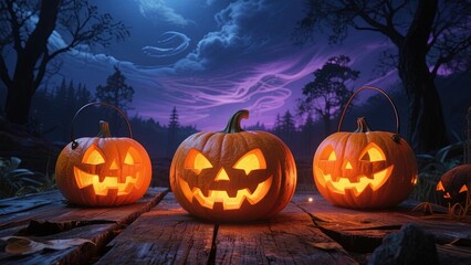 Glowing Jack-o'-Lanterns on a Wooden Table Under a Mysterious Night Sky