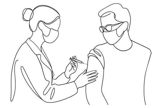 Healthcare professional administers vaccine to patient in line art style