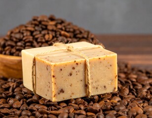 Beige soap nestled among coffee beans