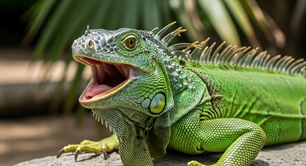 Fototapeta premium Close-up of a vibrant green iguana with its mouth wide open.