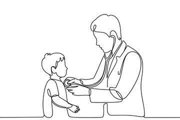 Doctor examining child with stethoscope continuous line art
