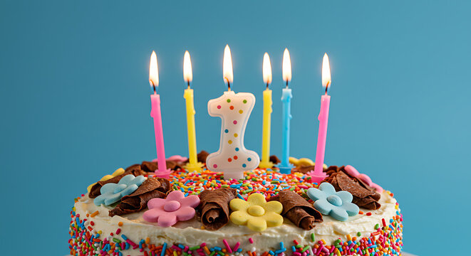 First Birthday Cake with Lit Candles and Sprinkles