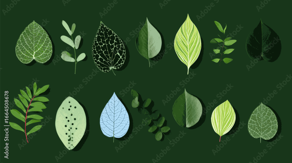 Poster a collection of green leaves, some with spots and others having stripes. the leaves are arranged in 