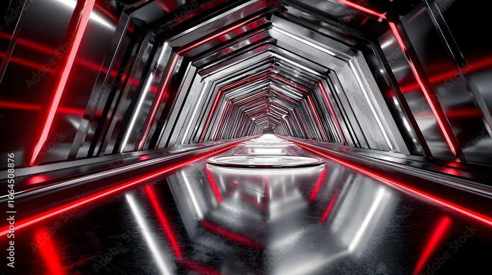 Poster futuristic hexagonal tunnel with red neon lights