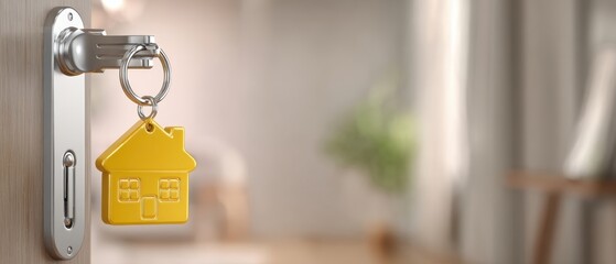 The yellow house keychain hanging in a door lock symbolizing new home ownership