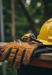 Personal Protective Equipment on a Construction Site Yellow Hard Hat, Safety Glasses, and Leather Gloves for Worker Protection