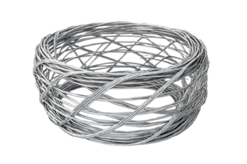 Braided silver metal wire in rounded shape on transparent background