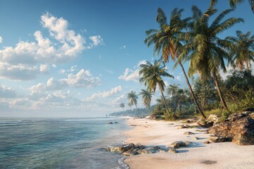 Fototapeta premium Tropical beach paradise with swaying palm trees under a vibrant sky