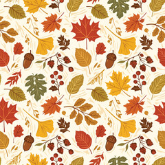 Seamless Pattern, Autumn foliage pattern featuring vibrant maple leaves, acorns and berry branches Stock royalty free image.