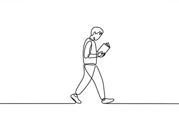 Man walking and reading a book in a simple line drawing