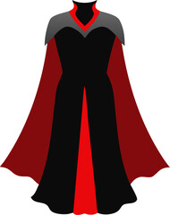 Elegant gothic vampire gown with flowing cape isolated on white background