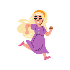 Happy blonde girl running fast with long hair flowing behind her