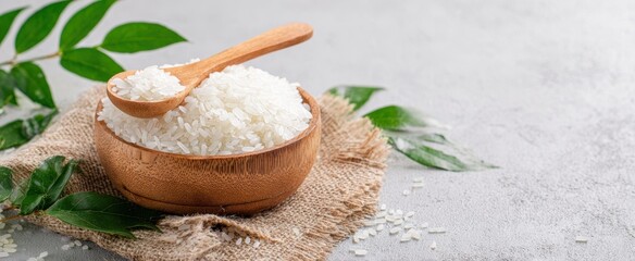 Fototapeta premium [The Rice in a Wooden Bowl with Spoon on Burlap and Leaves]
